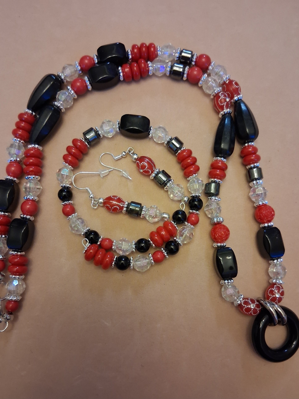 Handmade Red and Black Beaded 26" Necklace, 2" Earrings & Bracelet Set